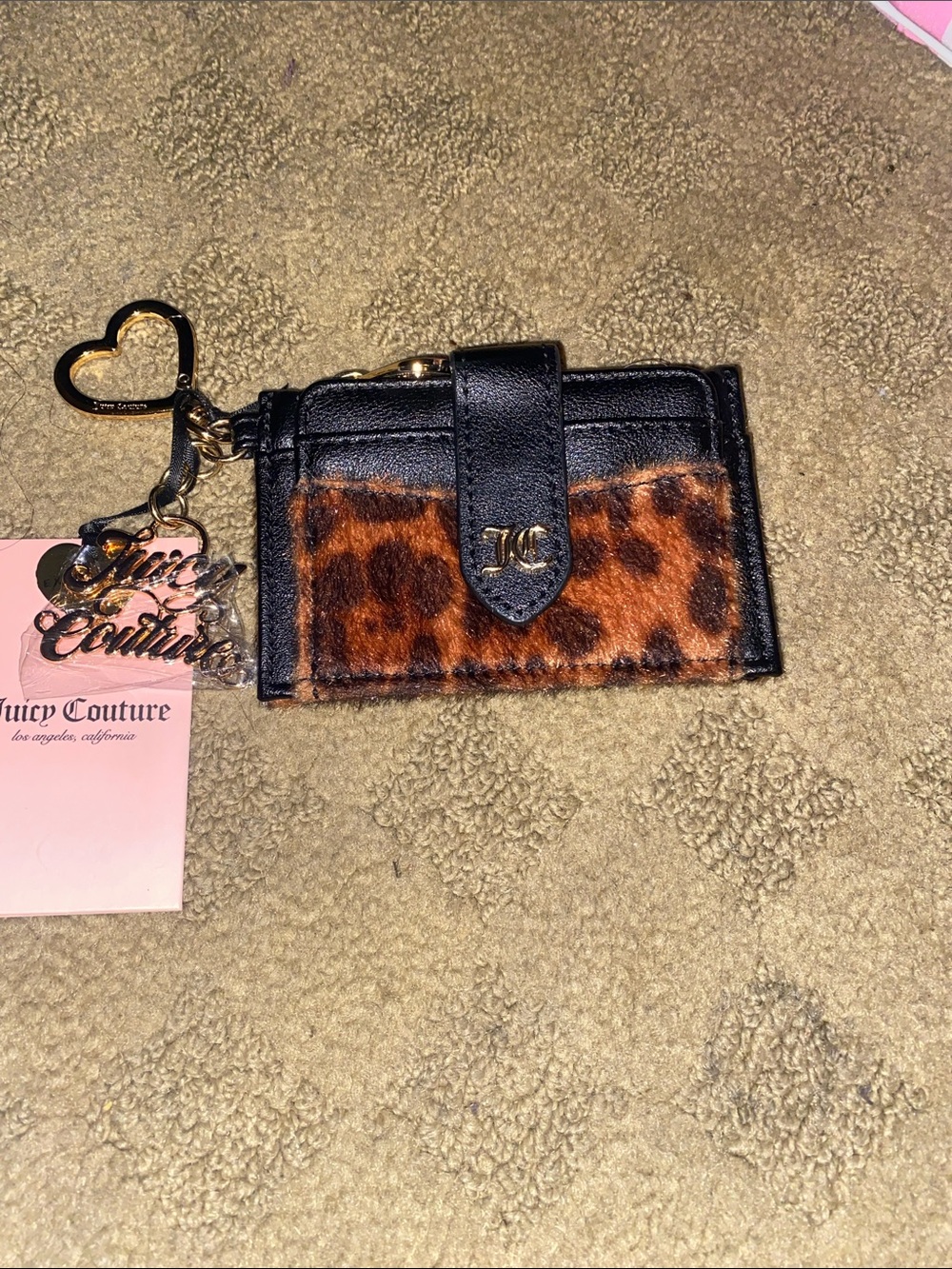 Juicy Couture Black & Brown Leopard Card Holder Keychain with Gold Hardware